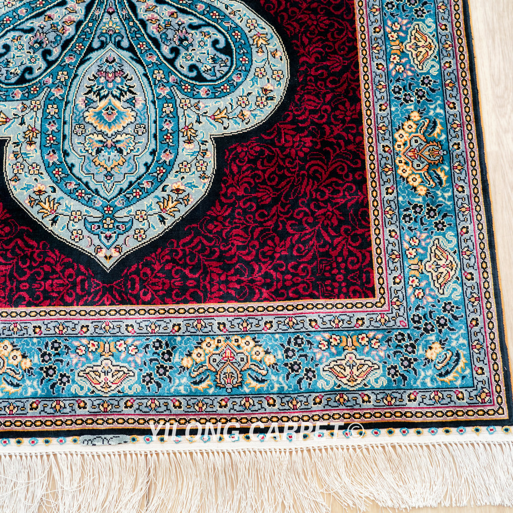 Burgundy and Blue Floral Medallion Hand-Knotted Silk Rug Runner – 3 x 12 ft - Image 5