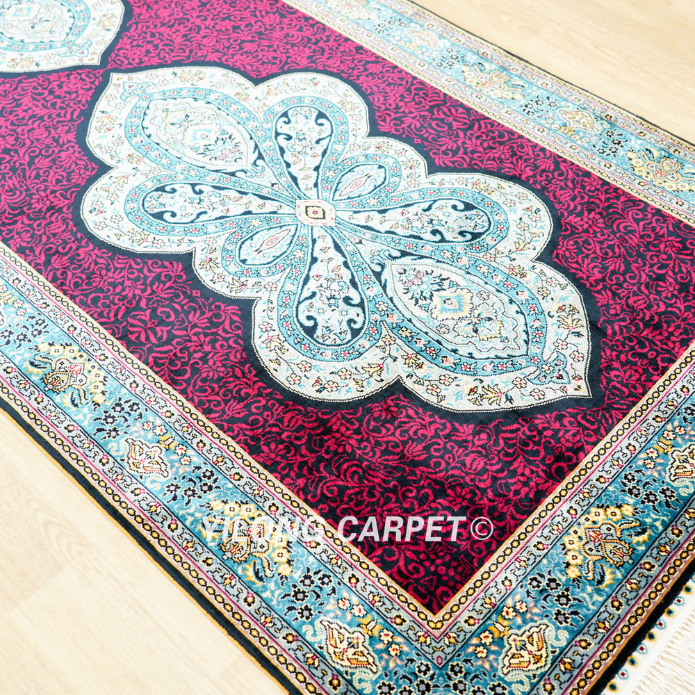 Burgundy and Blue Floral Medallion Hand-Knotted Silk Rug Runner – 3 x 12 ft - Image 6
