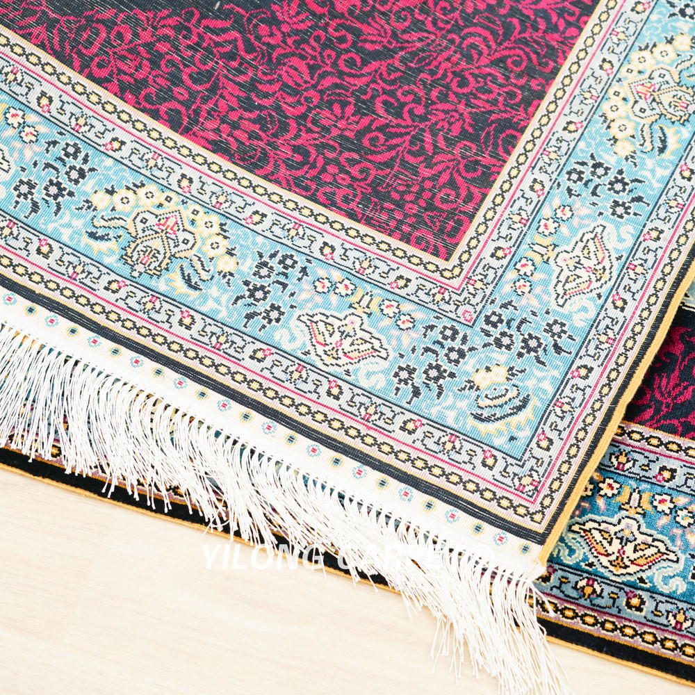 Burgundy and Blue Floral Medallion Hand-Knotted Silk Rug Runner – 3 x 12 ft - Image 8