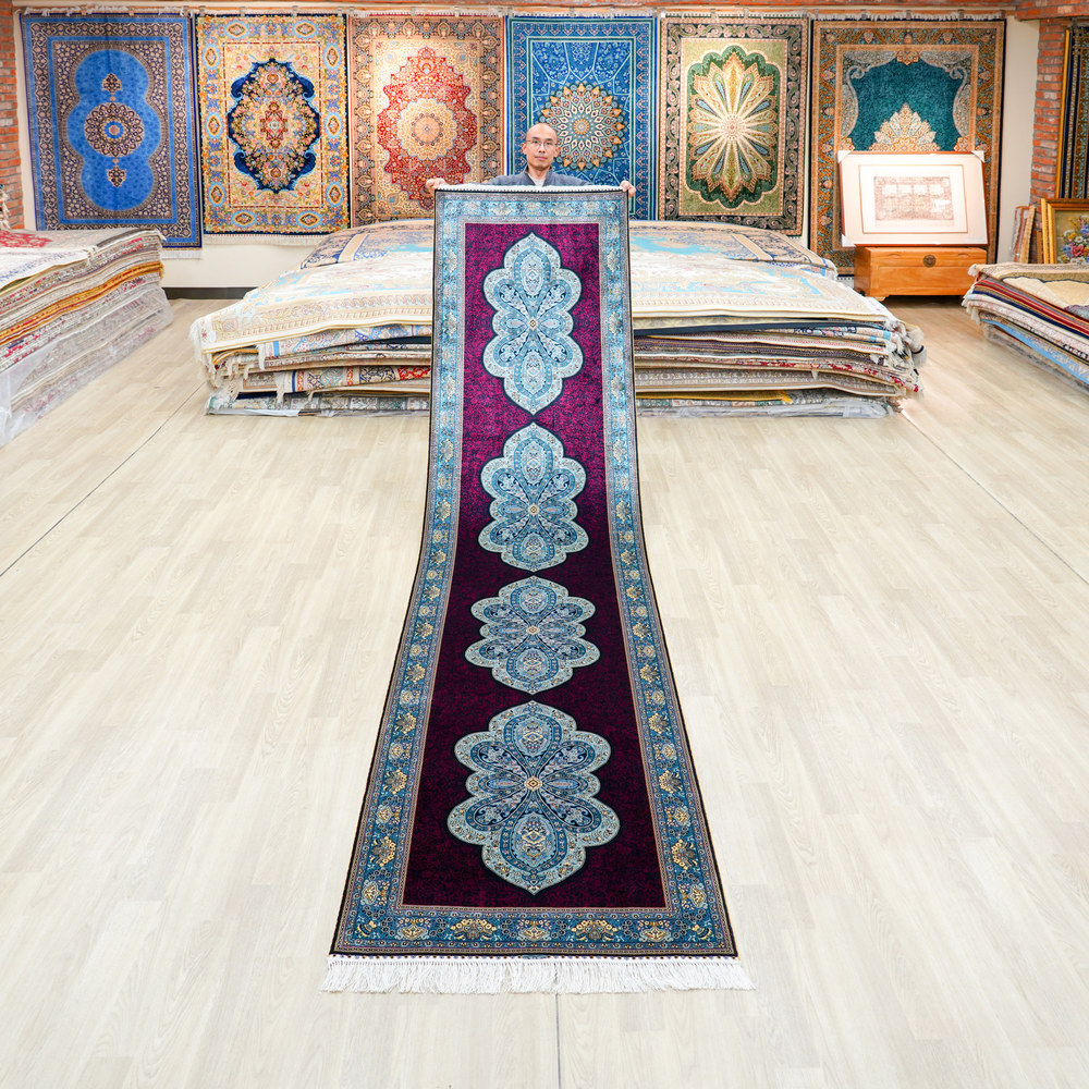Burgundy and Blue Floral Medallion Hand-Knotted Silk Rug Runner – 3 x 12 ft