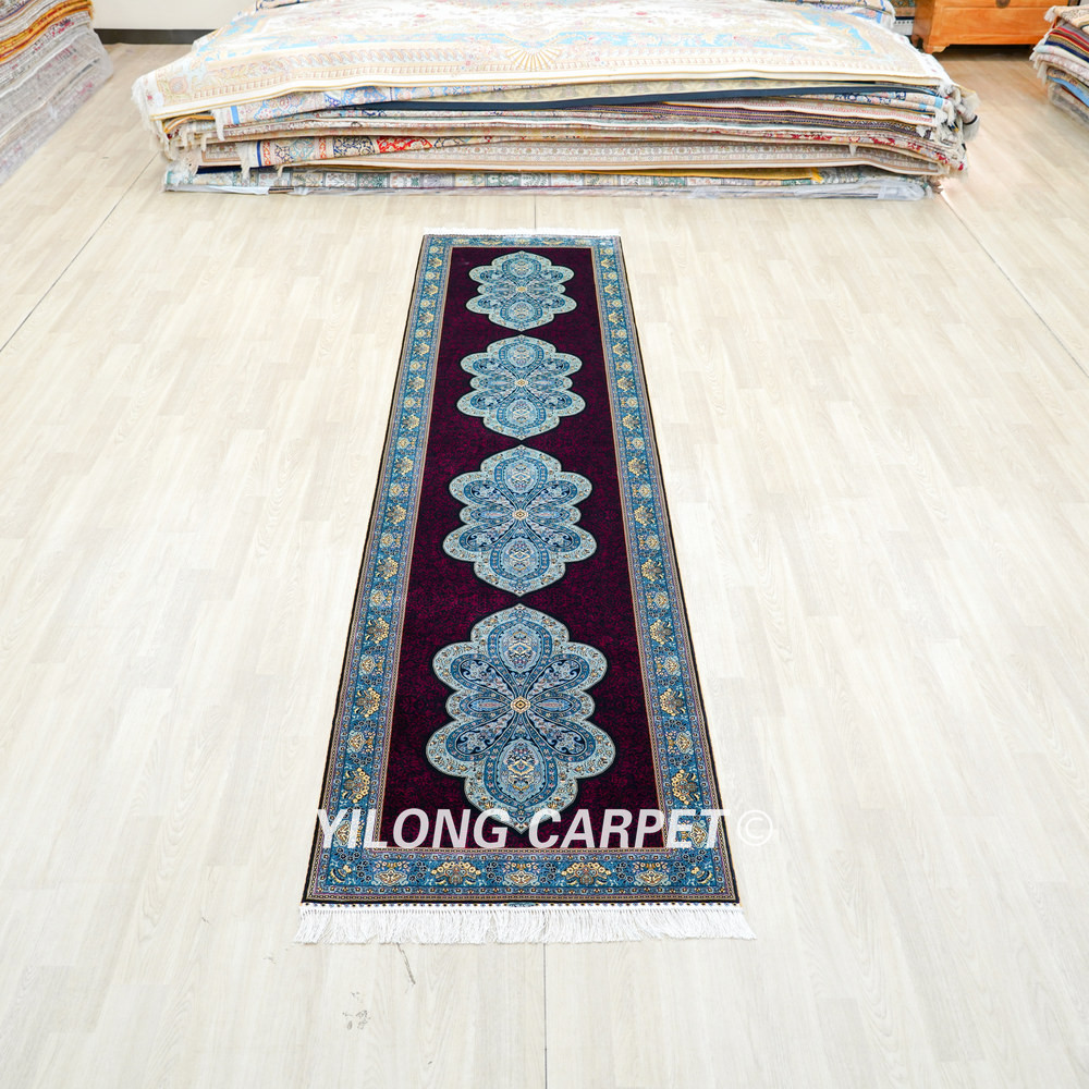 Burgundy and Blue Floral Medallion Hand-Knotted Silk Rug Runner – 3 x 12 ft - Image 3