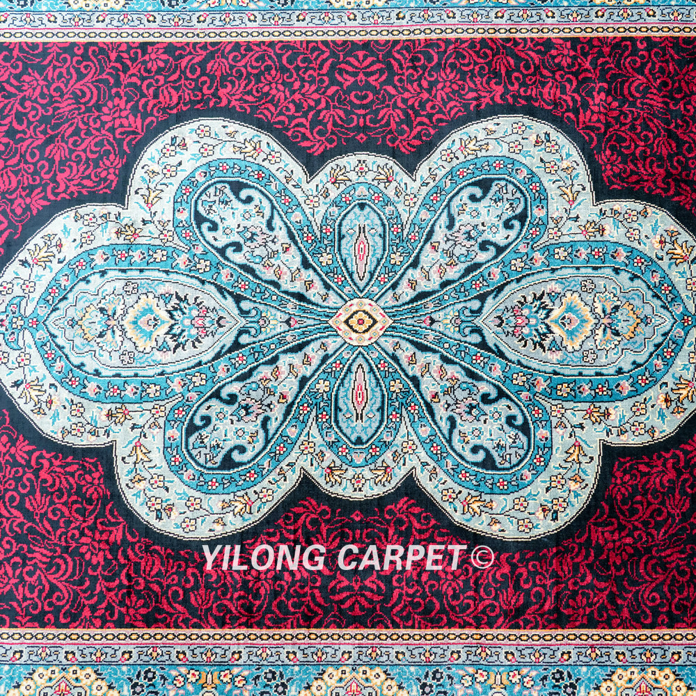 Burgundy and Blue Floral Medallion Hand-Knotted Silk Rug Runner – 3 x 12 ft - Image 7