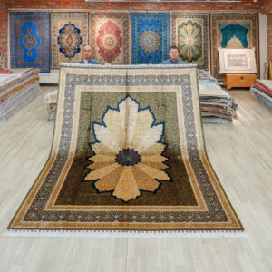 Dark Brown and Gold Floral Medallion Hand-Knotted Silk Rug – 8 x 10 ft