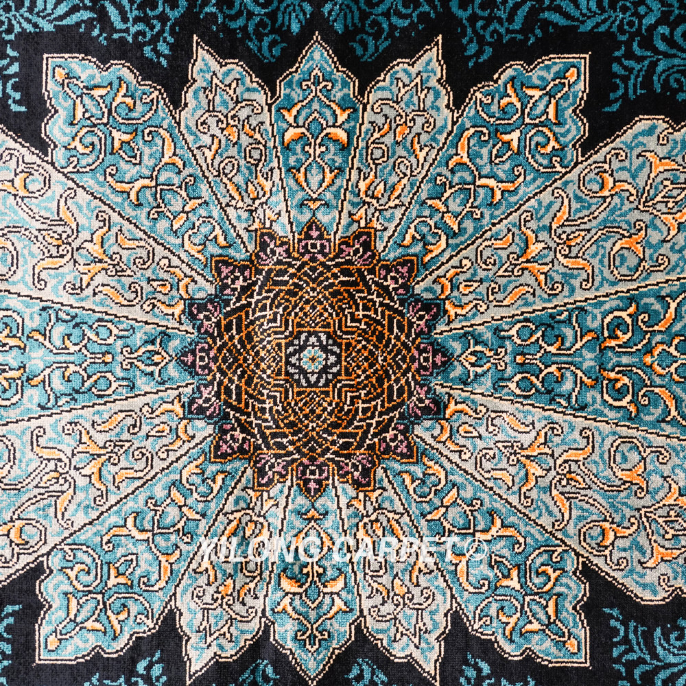 Dark Teal Floral Medallion Hand-Knotted Silk Rug Runner – 2.7 x 12 ft - Image 6