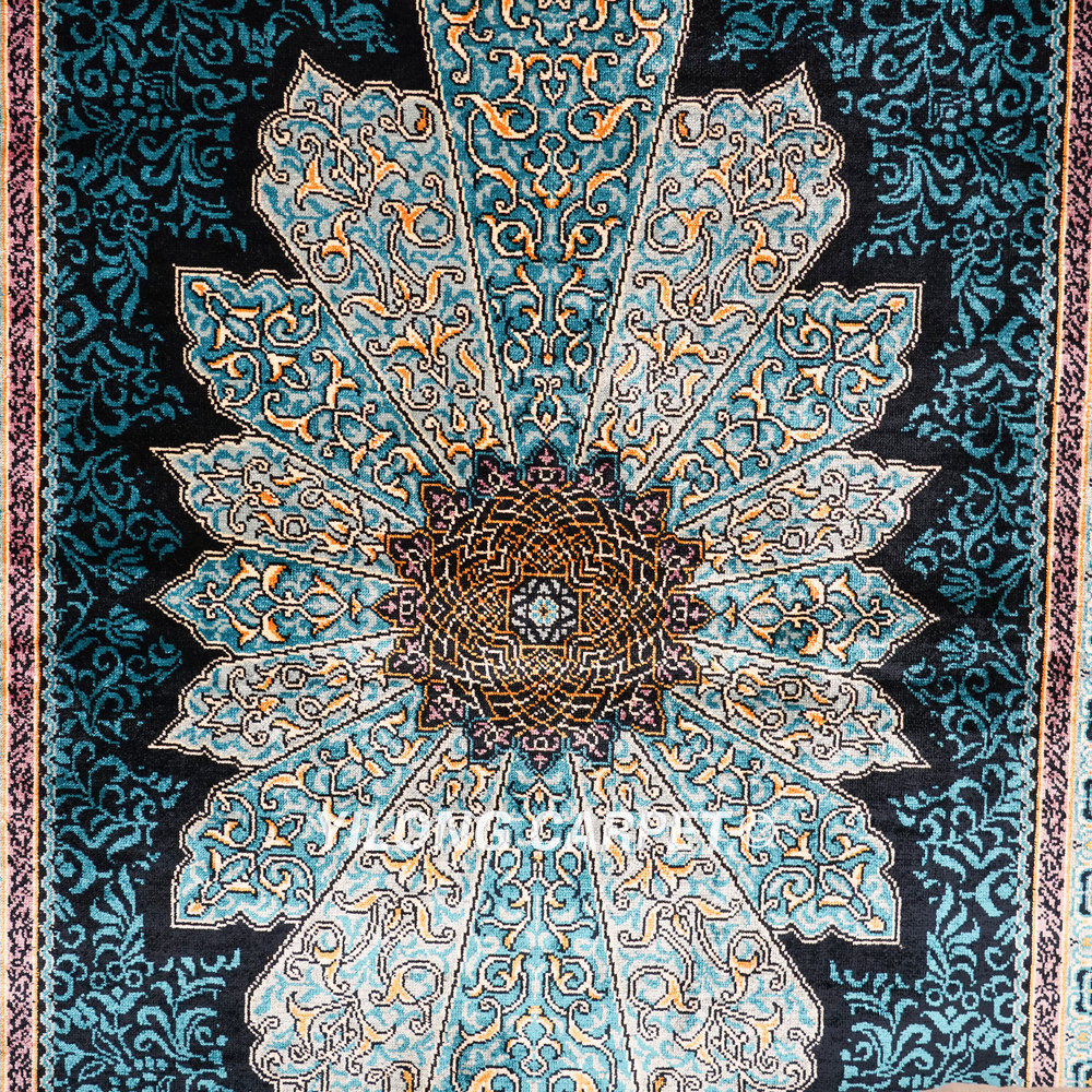 Dark Teal Floral Medallion Hand-Knotted Silk Rug Runner – 2.7 x 12 ft - Image 5