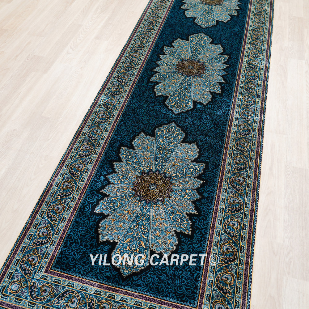 Dark Teal Floral Medallion Hand-Knotted Silk Rug Runner – 2.7 x 12 ft - Image 4