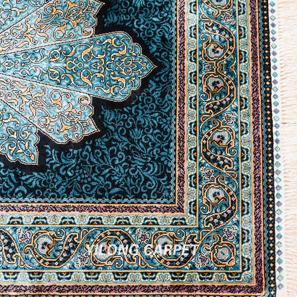 Dark Teal Floral Medallion Hand-Knotted Silk Rug Runner – 2.7 x 12 ft - Image 7