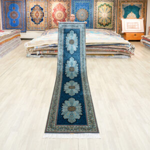 Dark Teal Floral Medallion Hand-Knotted Silk Rug Runner – 2.7 x 12 ft