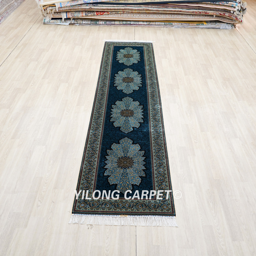 Dark Teal Floral Medallion Hand-Knotted Silk Rug Runner – 2.7 x 12 ft - Image 3