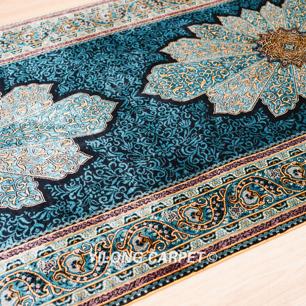 Dark Teal Floral Medallion Hand-Knotted Silk Rug Runner – 2.7 x 12 ft - Image 8