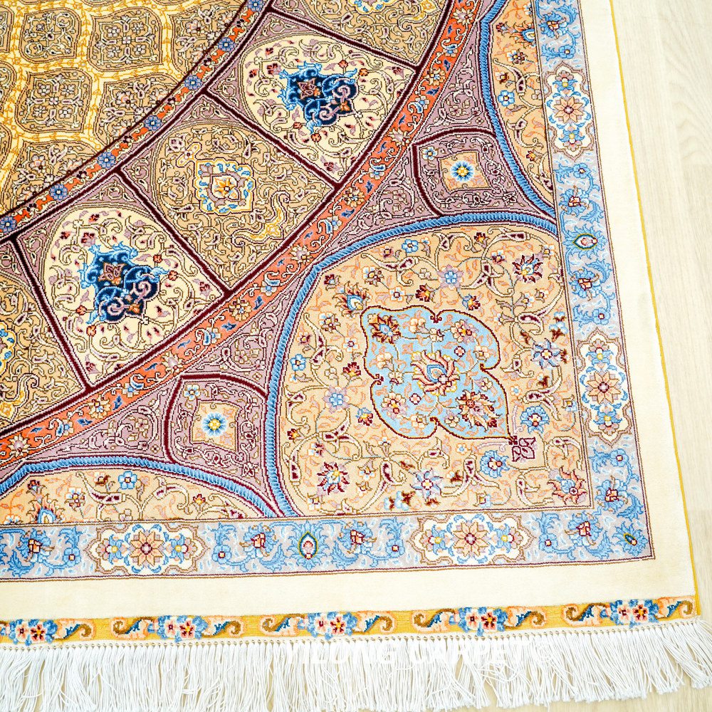Gold Square Medallion Hand-Knotted Silk Rug 7x7 - Image 8