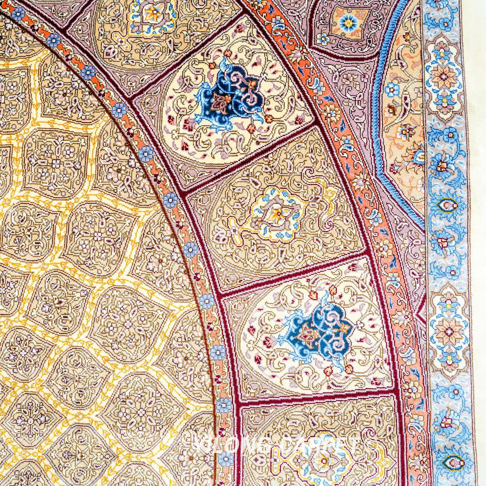Gold Square Medallion Hand-Knotted Silk Rug 7x7 - Image 7