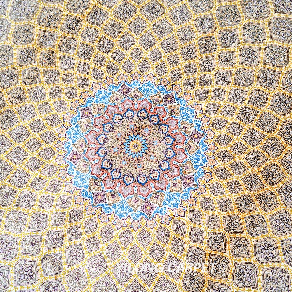 Gold Square Medallion Hand-Knotted Silk Rug 7x7 - Image 5