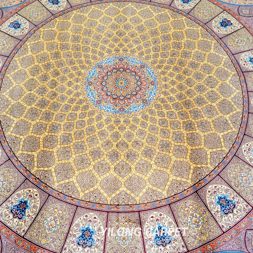 Gold Square Medallion Hand-Knotted Silk Rug 7x7 - Image 4