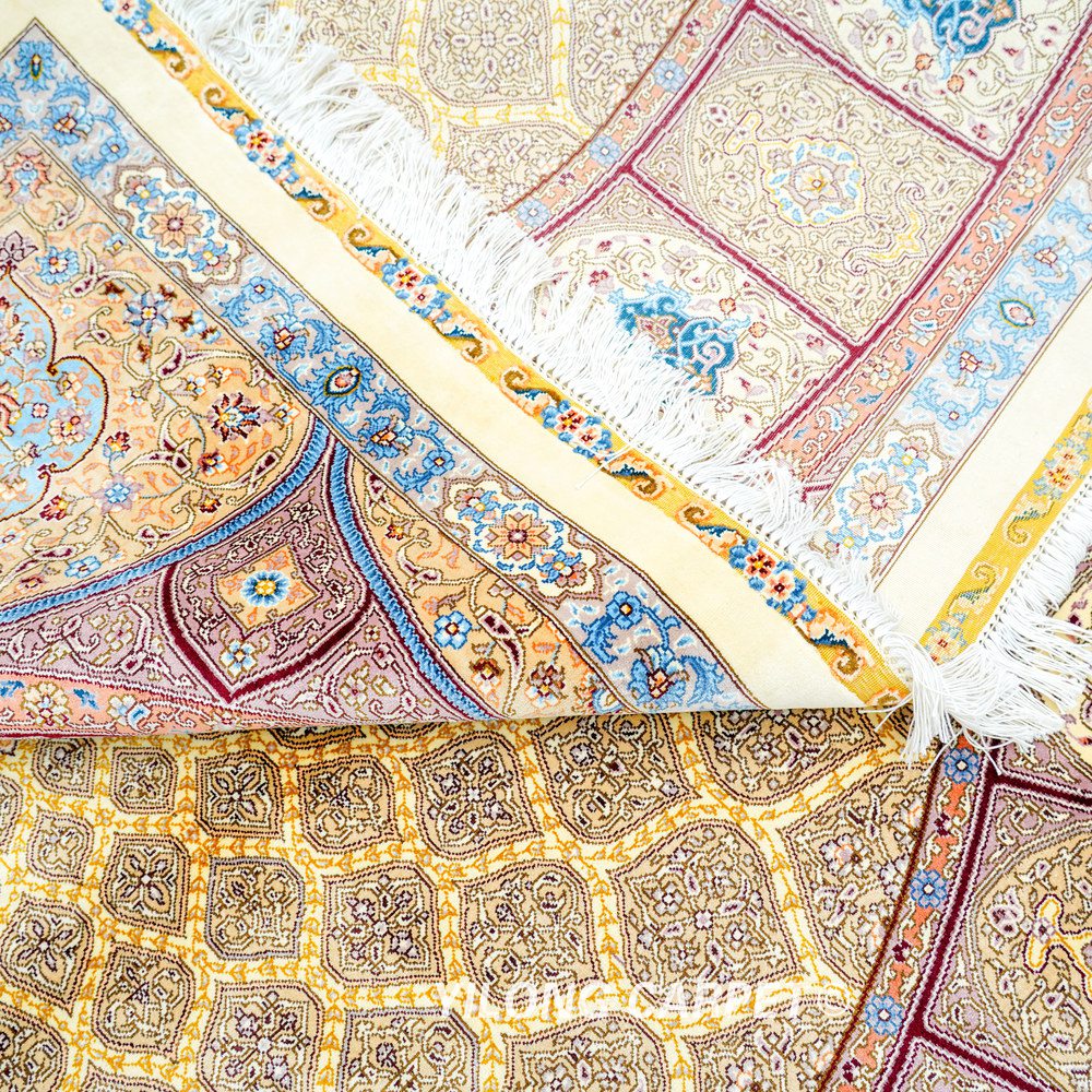 Gold Square Medallion Hand-Knotted Silk Rug 7x7 - Image 9