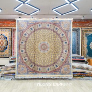 Gold Square Medallion Hand-Knotted Silk Rug 7x7