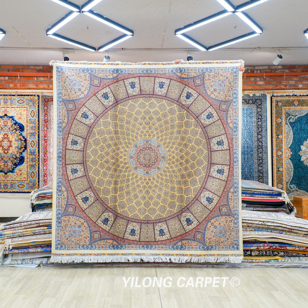 Gold Square Medallion Hand-Knotted Silk Rug 7x7