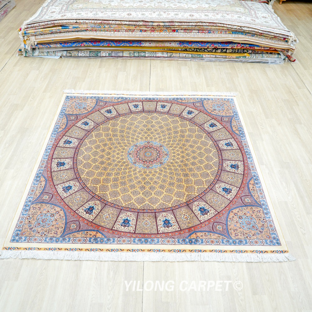 Gold Square Medallion Hand-Knotted Silk Rug 7x7 - Image 3