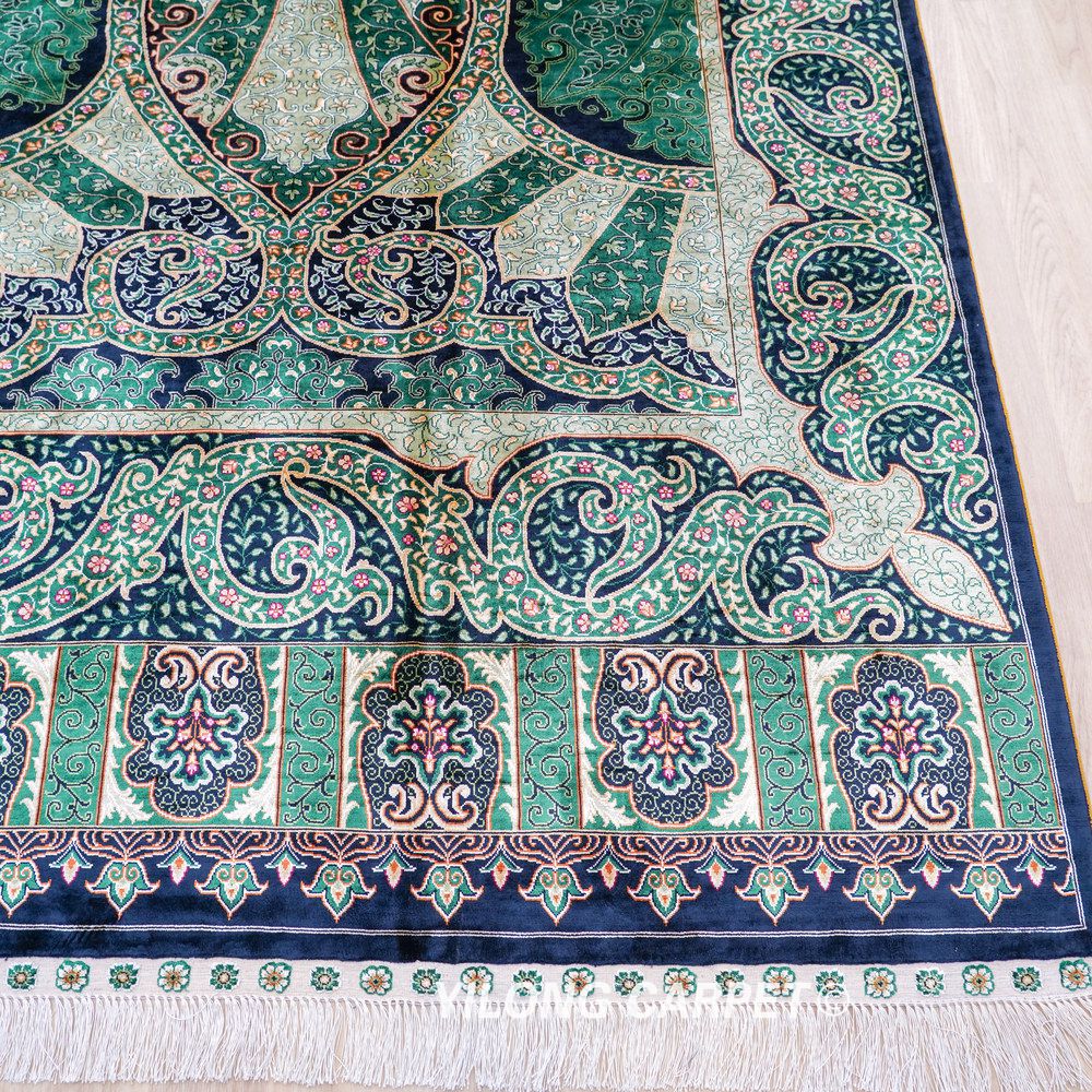 Green Botanical Pattern Hand-Knotted Silk Rug 8x10 - Image 4