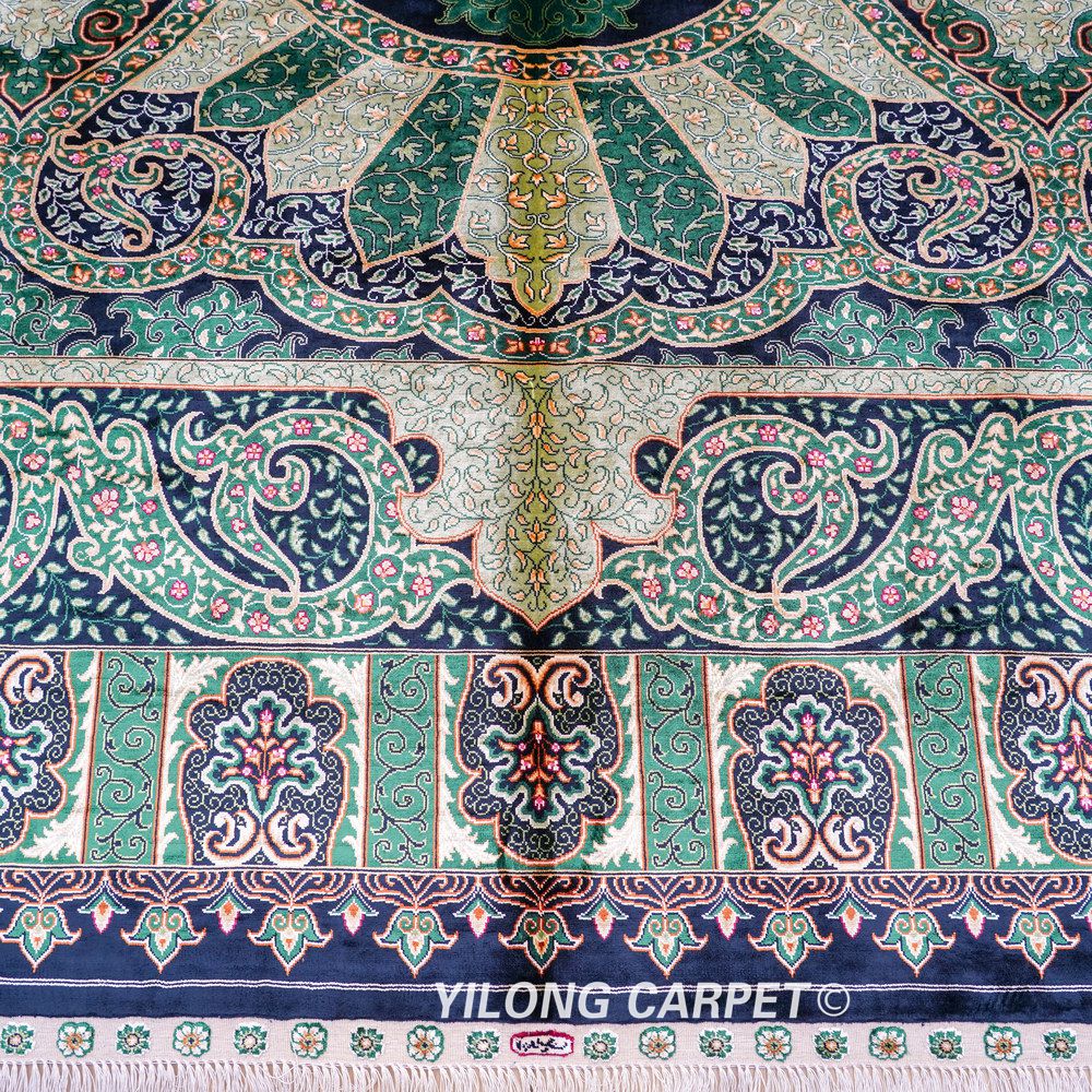 Green Botanical Pattern Hand-Knotted Silk Rug 8x10 - Image 6