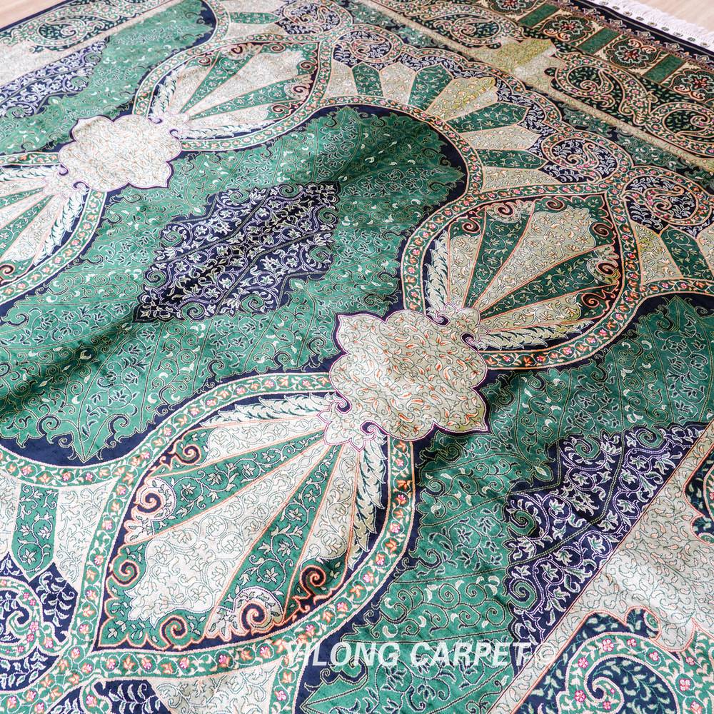 Green Botanical Pattern Hand-Knotted Silk Rug 8x10 - Image 7