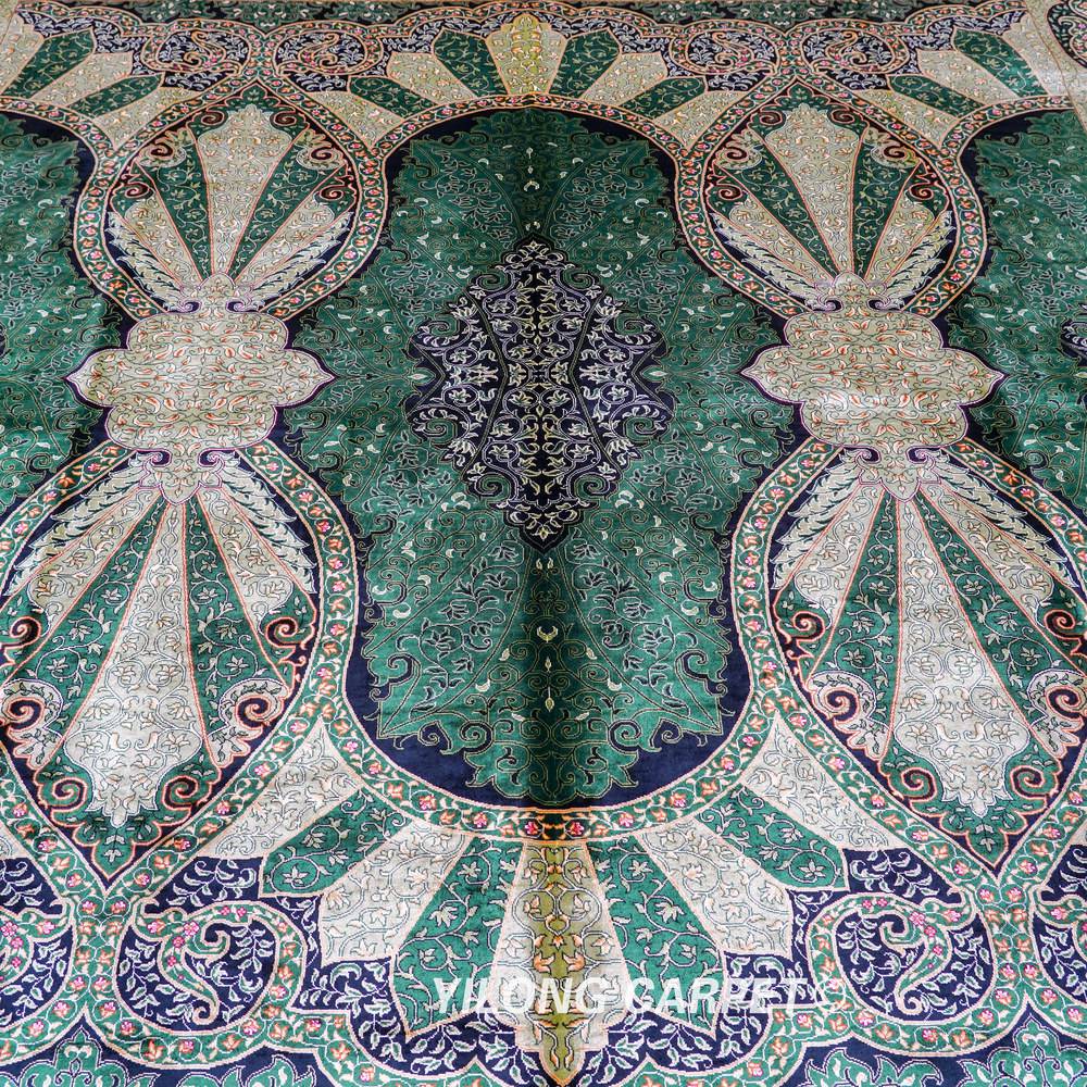 Green Botanical Pattern Hand-Knotted Silk Rug 8x10 - Image 8
