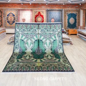 Green Botanical Pattern Hand-Knotted Silk Rug 8x10