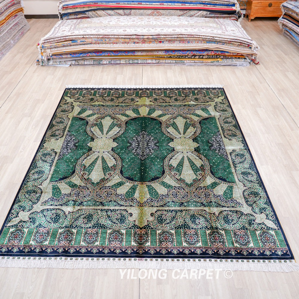 Green Botanical Pattern Hand-Knotted Silk Rug 8x10 - Image 3