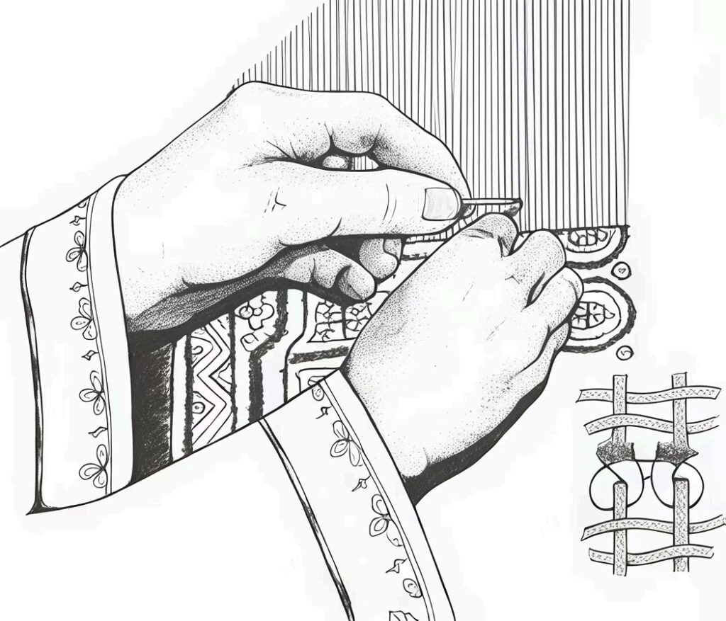 Illustration of hands tying a rug knot around warp threads