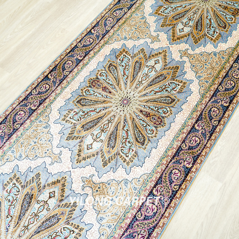 Ivory and Brown Floral Medallion Hand-Knotted Silk Rug Runner – 3 x 12 ft - Image 5