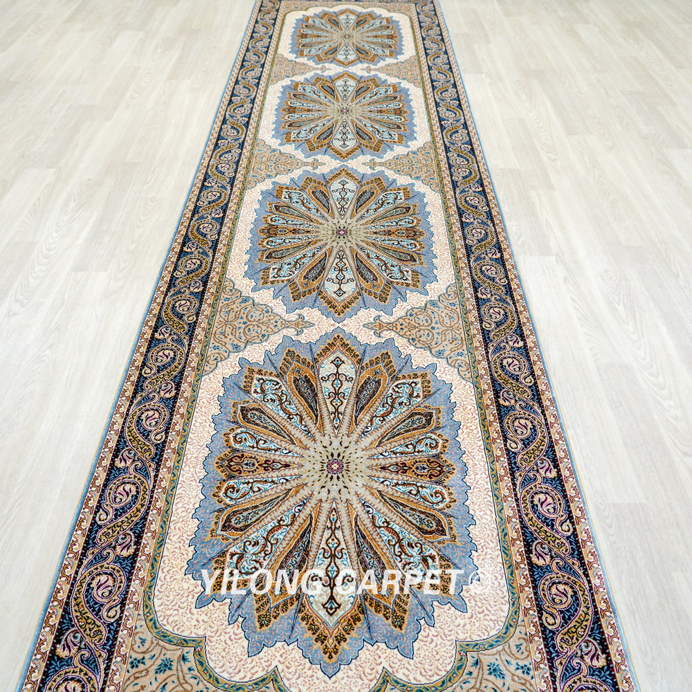 Ivory and Brown Floral Medallion Hand-Knotted Silk Rug Runner – 3 x 12 ft - Image 4