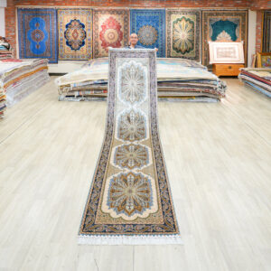 Ivory and Brown Floral Medallion Hand-Knotted Silk Rug Runner – 3 x 12 ft