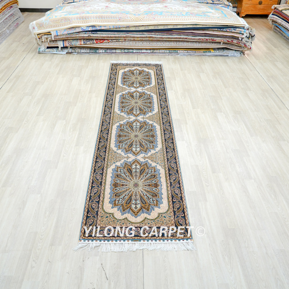 Ivory and Brown Floral Medallion Hand-Knotted Silk Rug Runner – 3 x 12 ft - Image 3