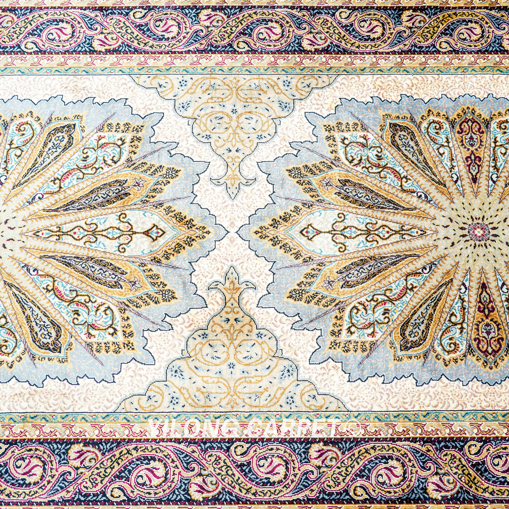 Ivory and Brown Floral Medallion Hand-Knotted Silk Rug Runner – 3 x 12 ft - Image 8