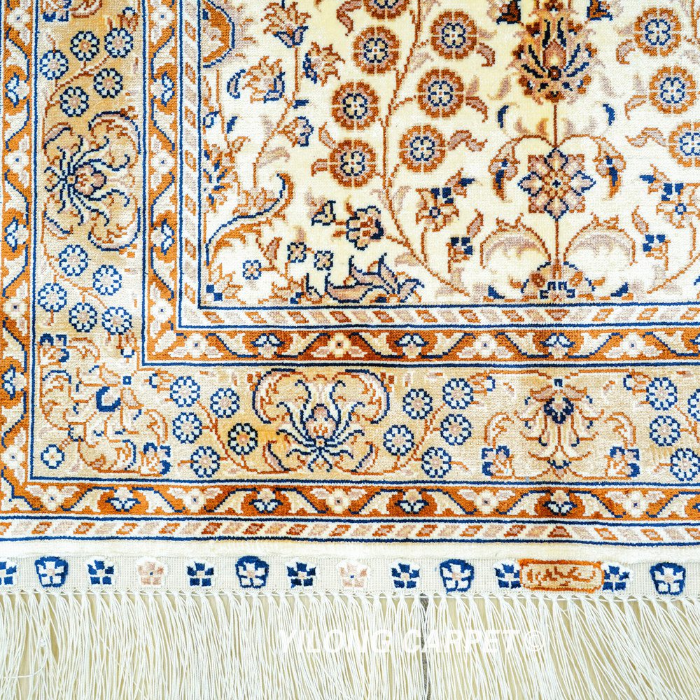 Ivory Floral Pattern Hand-Knotted Silk Rug 2x3 - Image 5