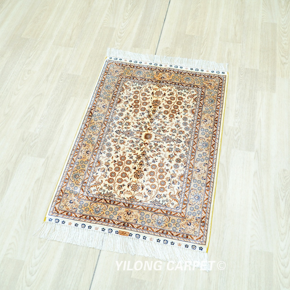 Ivory Floral Pattern Hand-Knotted Silk Rug 2x3 - Image 4
