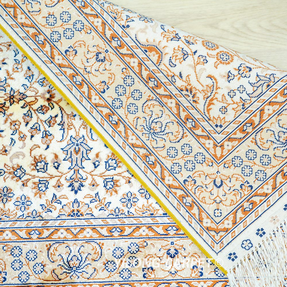 Ivory Floral Pattern Hand-Knotted Silk Rug 2x3 - Image 9