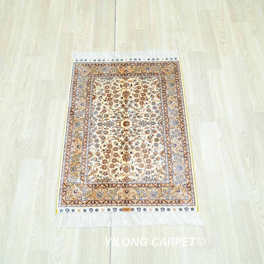 Ivory Floral Pattern Hand-Knotted Silk Rug 2x3 - Image 3