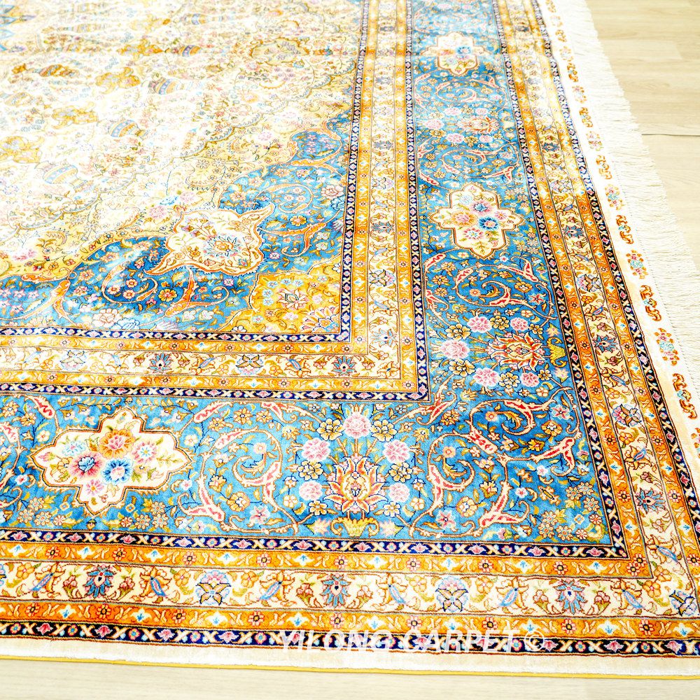 Ivory Gold Medallion Hand-Knotted Silk Rug 9x12 - Image 7