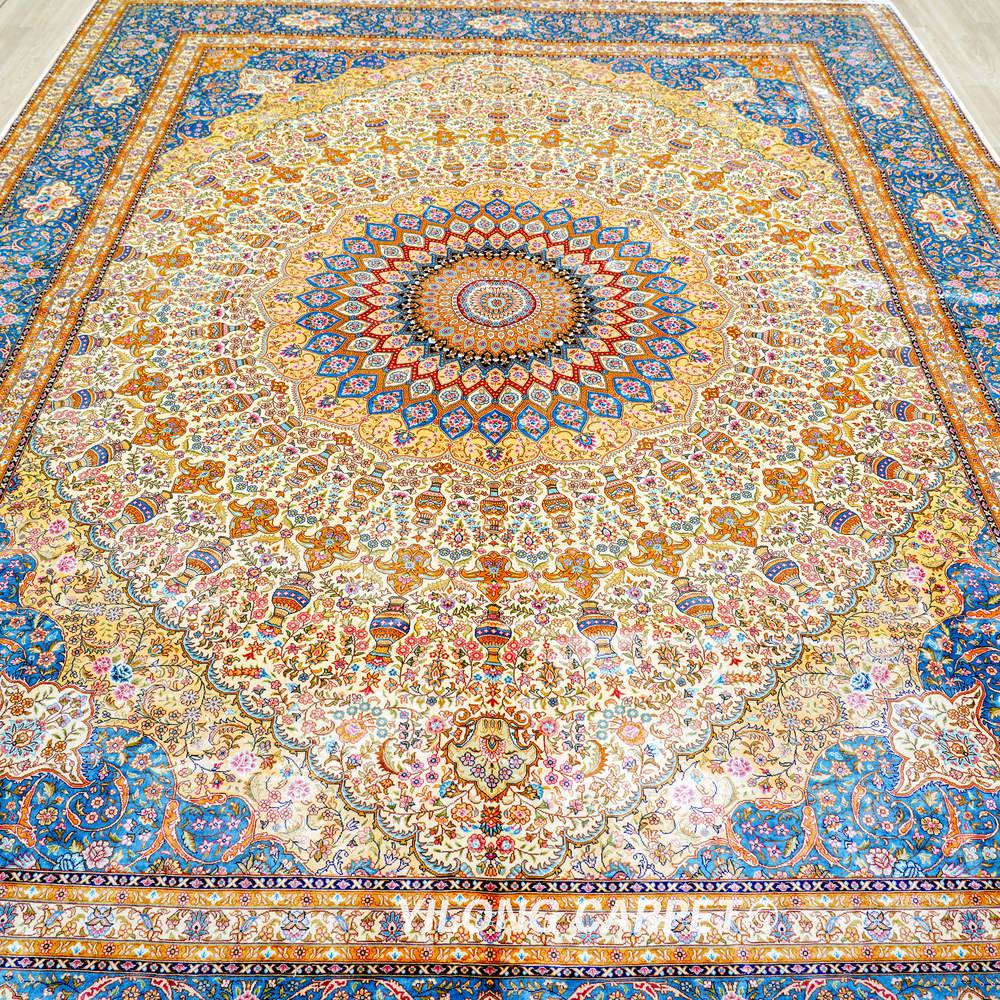 Ivory Gold Medallion Hand-Knotted Silk Rug 9x12 - Image 4