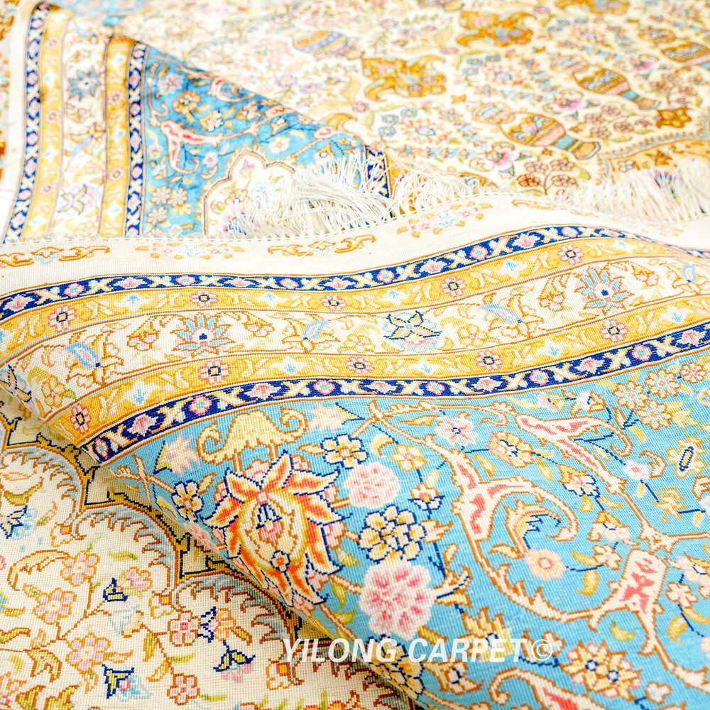 Ivory Gold Medallion Hand-Knotted Silk Rug 9x12 - Image 9