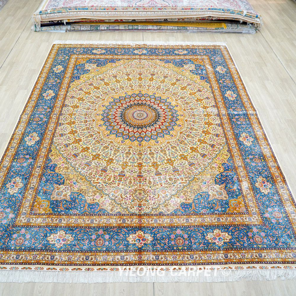 Ivory Gold Medallion Hand-Knotted Silk Rug 9x12 - Image 3