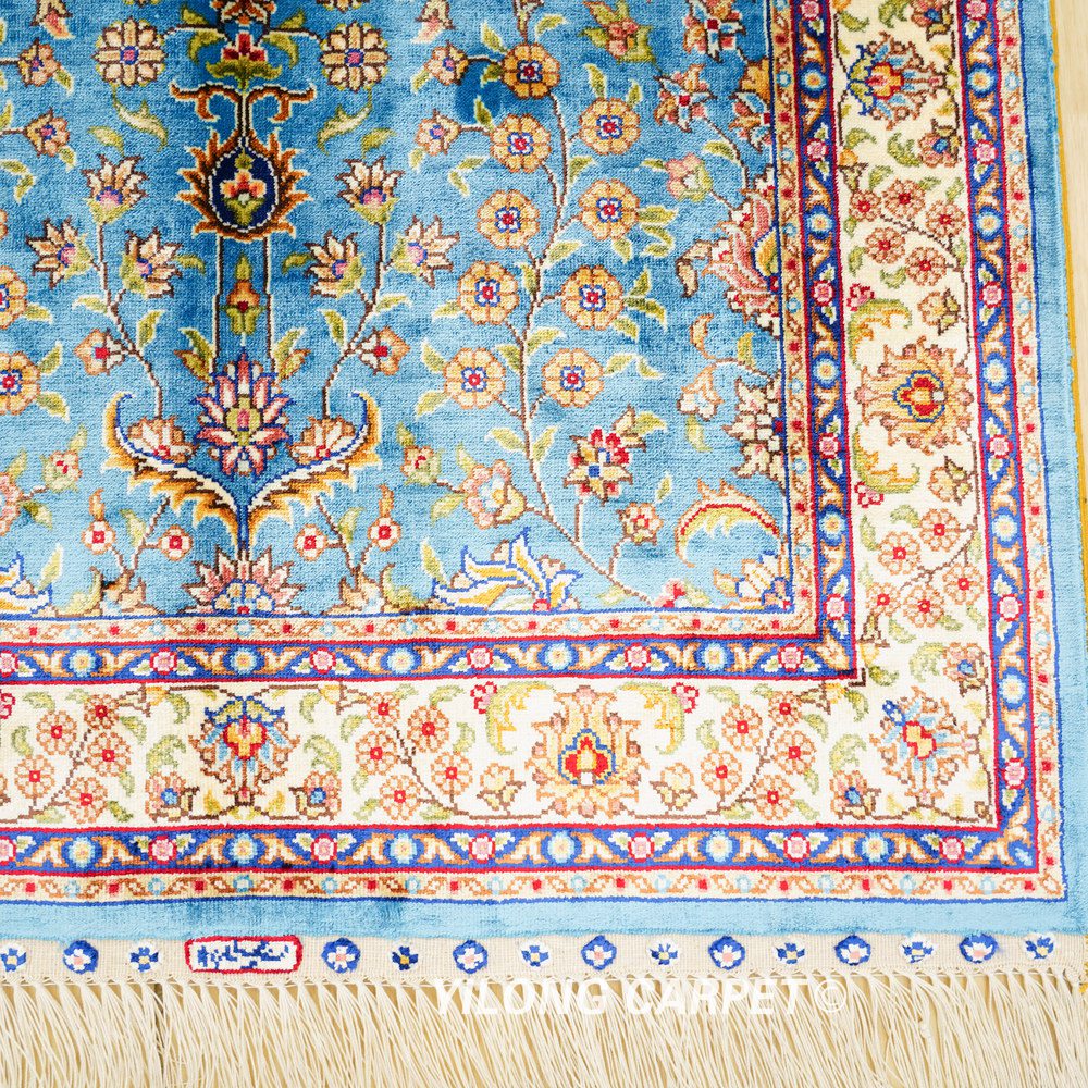 Light Blue Floral Hand-Knotted Silk Rug 2x3 - Image 5