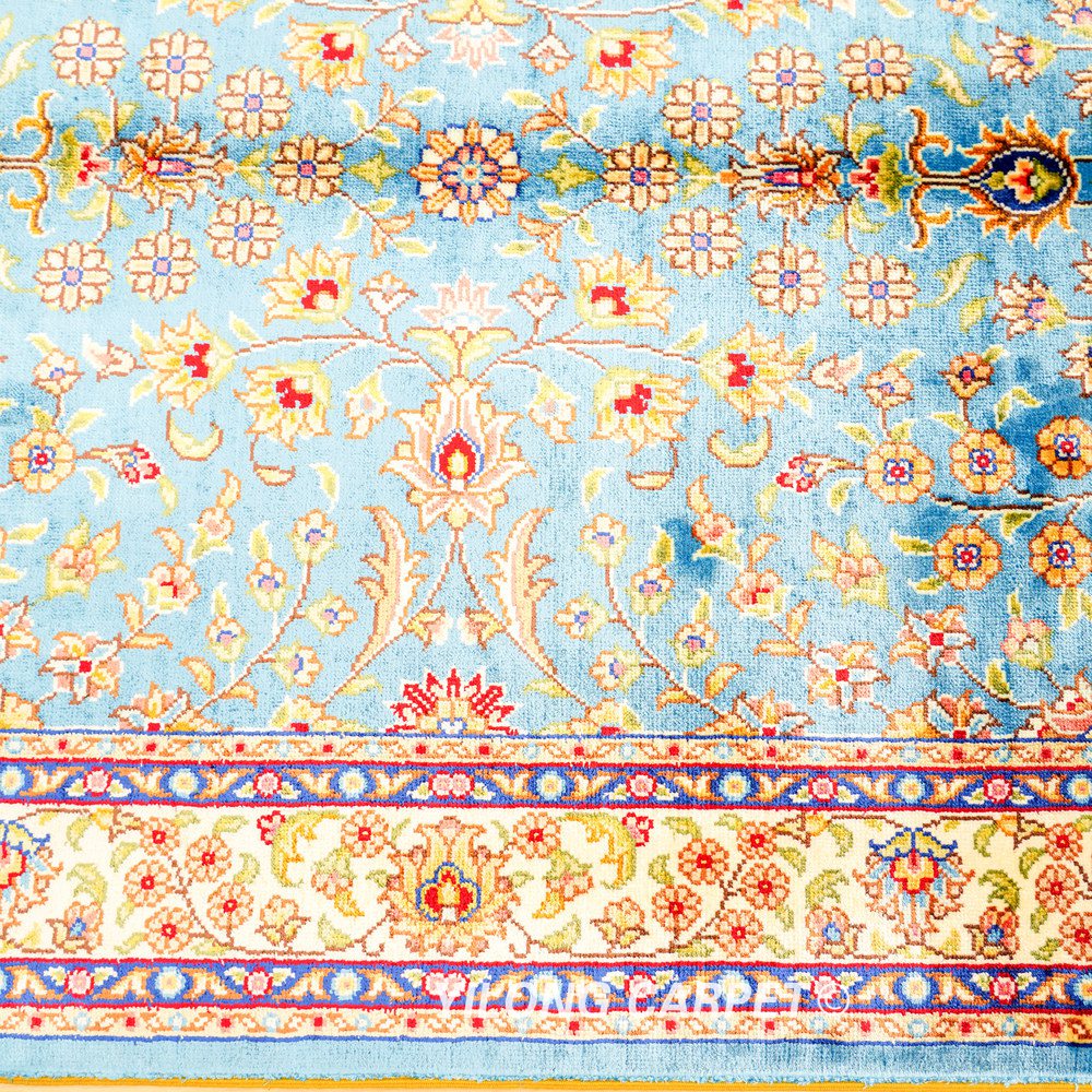 Light Blue Floral Hand-Knotted Silk Rug 2x3 - Image 6