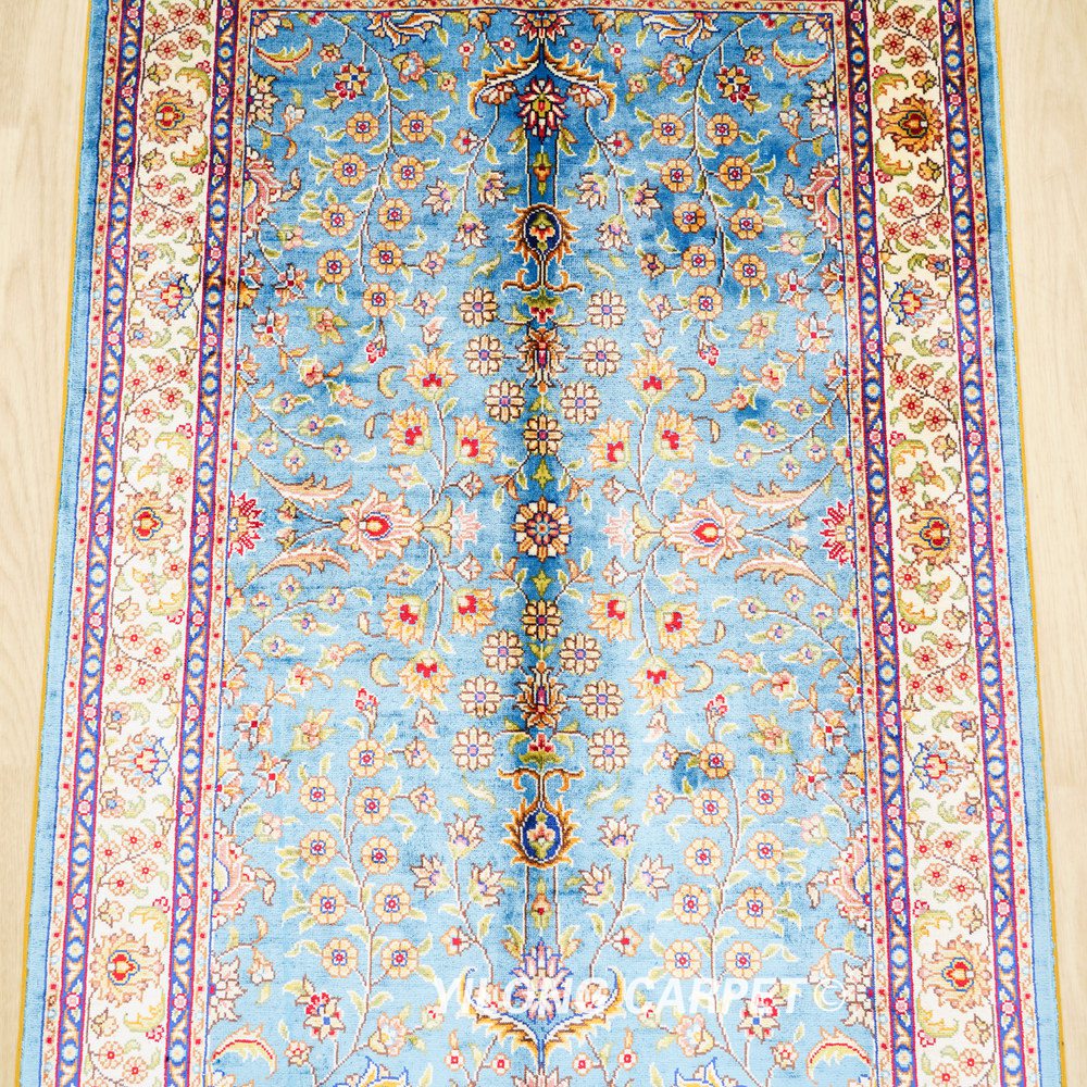Light Blue Floral Hand-Knotted Silk Rug 2x3 - Image 7