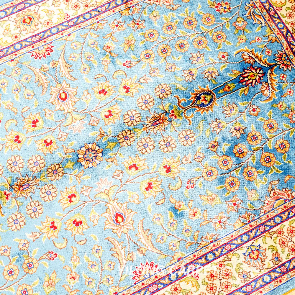 Light Blue Floral Hand-Knotted Silk Rug 2x3 - Image 8