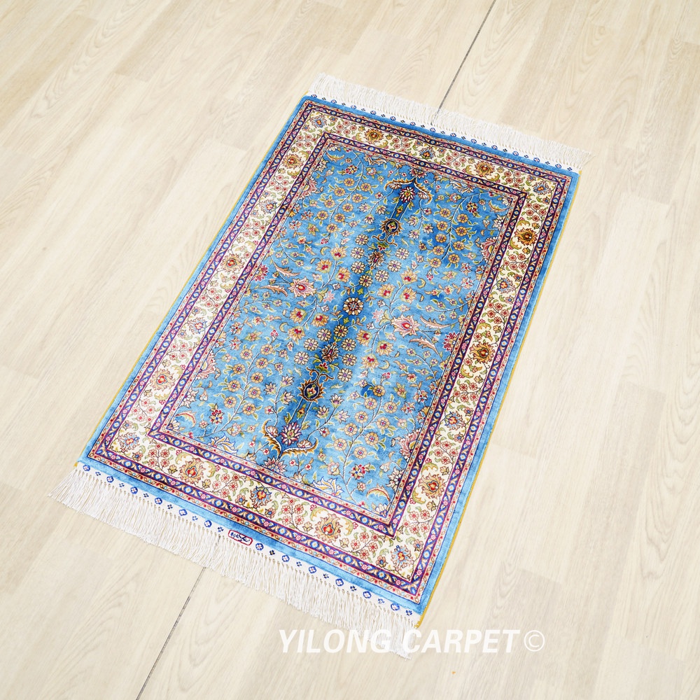 Light Blue Floral Hand-Knotted Silk Rug 2x3 - Image 4