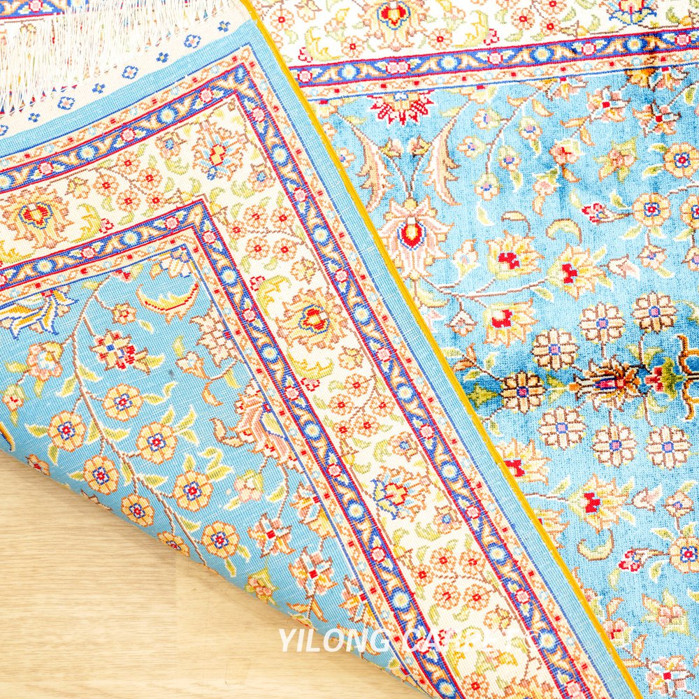 Light Blue Floral Hand-Knotted Silk Rug 2x3 - Image 9