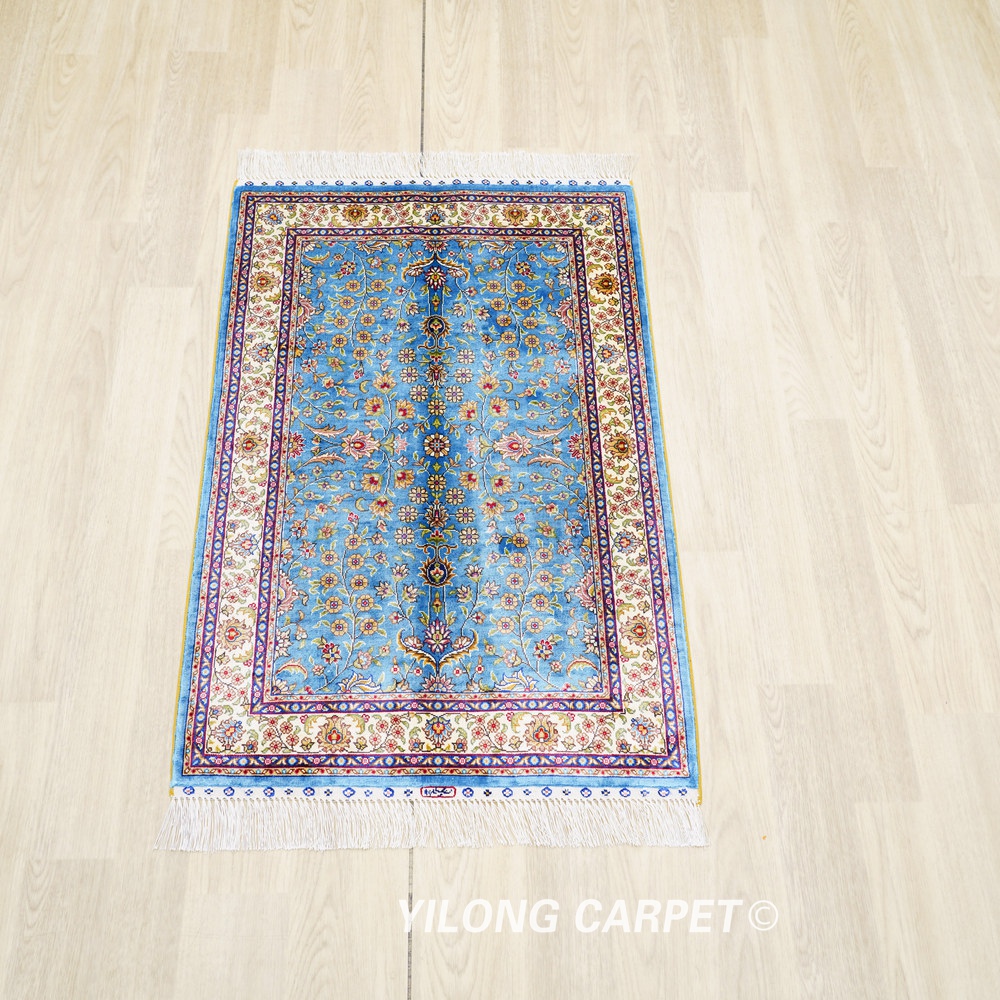 Light Blue Floral Hand-Knotted Silk Rug 2x3 - Image 3