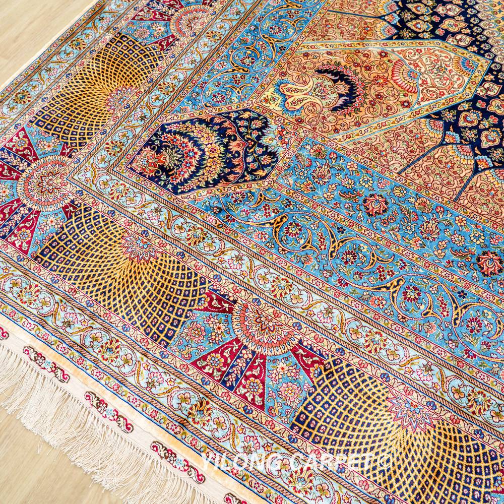 Multicolor Circular Medallion Hand-Knotted Silk Rug 9x12 - Image 8
